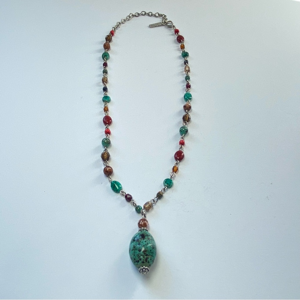 Vintage Napier Retro Faux Turquoise Pendant Beaded Stone Station Y Drop Necklace - Picture 5 of 9